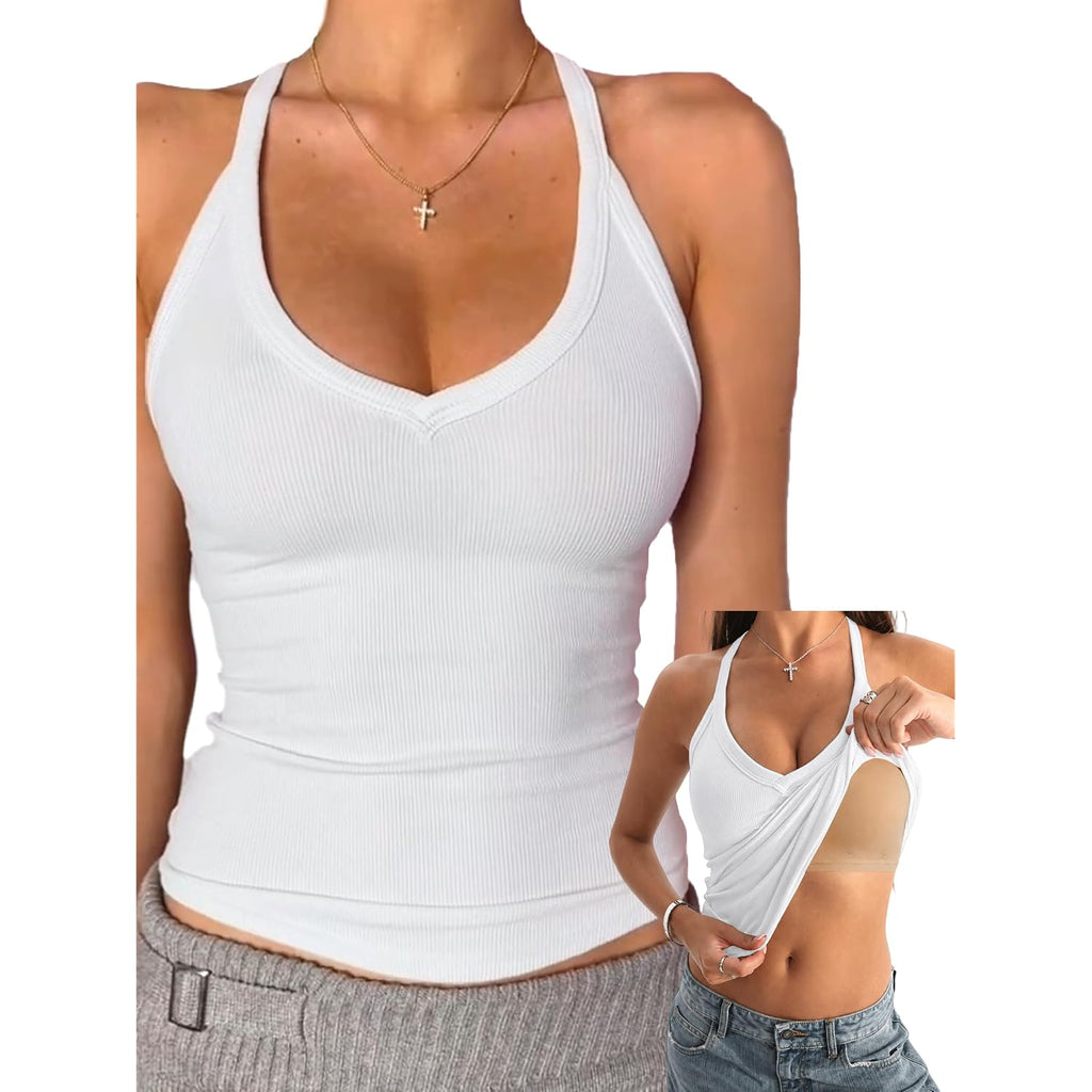 Danysu V Neck Cotton Tank Tops with Built-in Shelf Bra Sleeveless Racerback Fitted Basic Cami Shirts