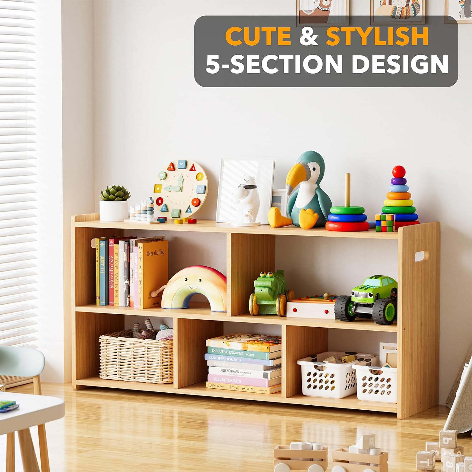 Spaceaid 5-Compartment Bookshelf, Montessori Bookcase For Toddlers, Wooden Book Shelf Organizer Storage Furniture For Kids Rooms, Playroom, Nursery And Classroom, 44.5“ Wide, Natural