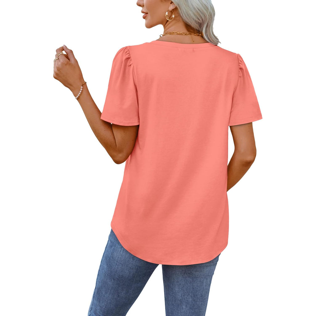 OFEEFAN T Shirts for Women V Neck Dressy Casual Blouses Puff Short Sleeve Summer Tops Loose Fit