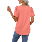 OFEEFAN T Shirts for Women V Neck Dressy Casual Blouses Puff Short Sleeve Summer Tops Loose Fit