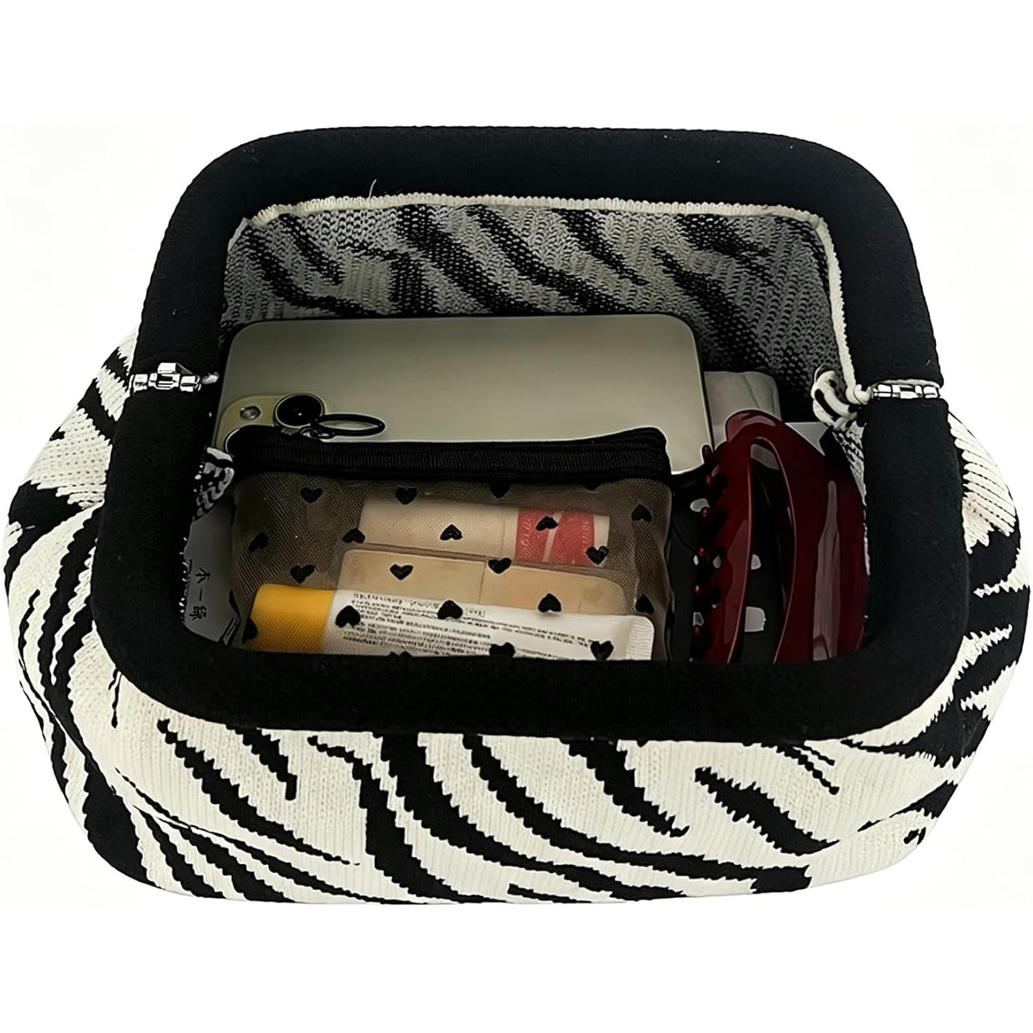 Zebra Print Purse For Women,Knitted Striped Crossbody Dumpling Clutch Bag,White And Black Crochet Cloud Handbag For Summer Beach,Evening Party