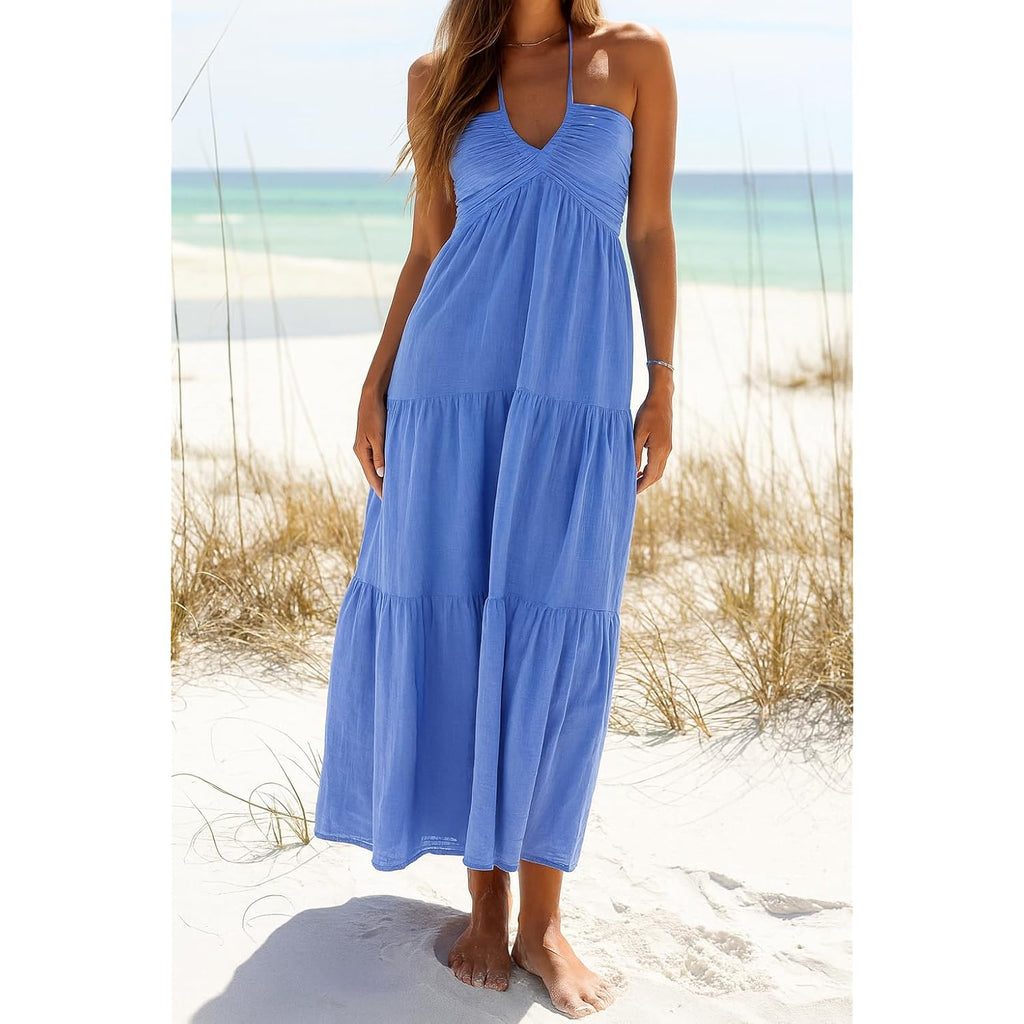 Women'S Casual Halter Tiered Vacation Maxi Dress With Pockets