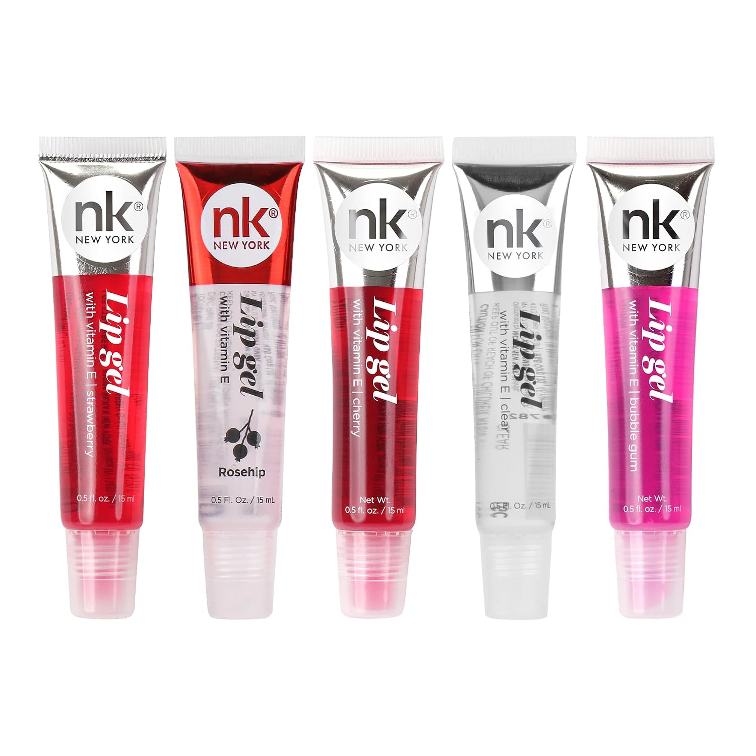 Nicka K New York Variety Set Of 5 Nk Hydrating Lip Gel - Vitamin E (Clear, Rosehip Oil, Bubble Gum, Cherry, Strawberry)