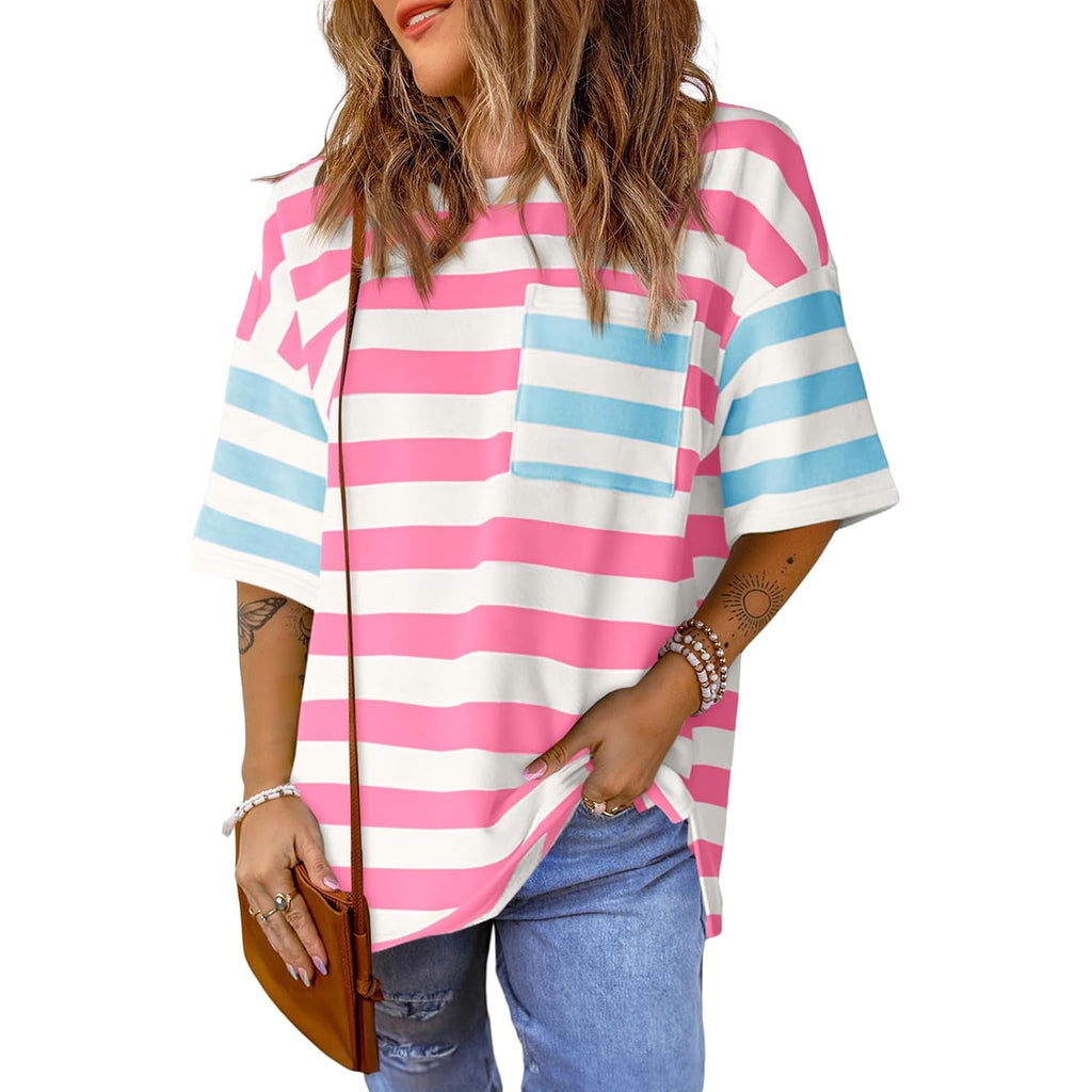 Womens Oversized Color Block Striped Tshirts Summer Casual Short Sleeve Tops Loose Fit Crew Neck Shirts