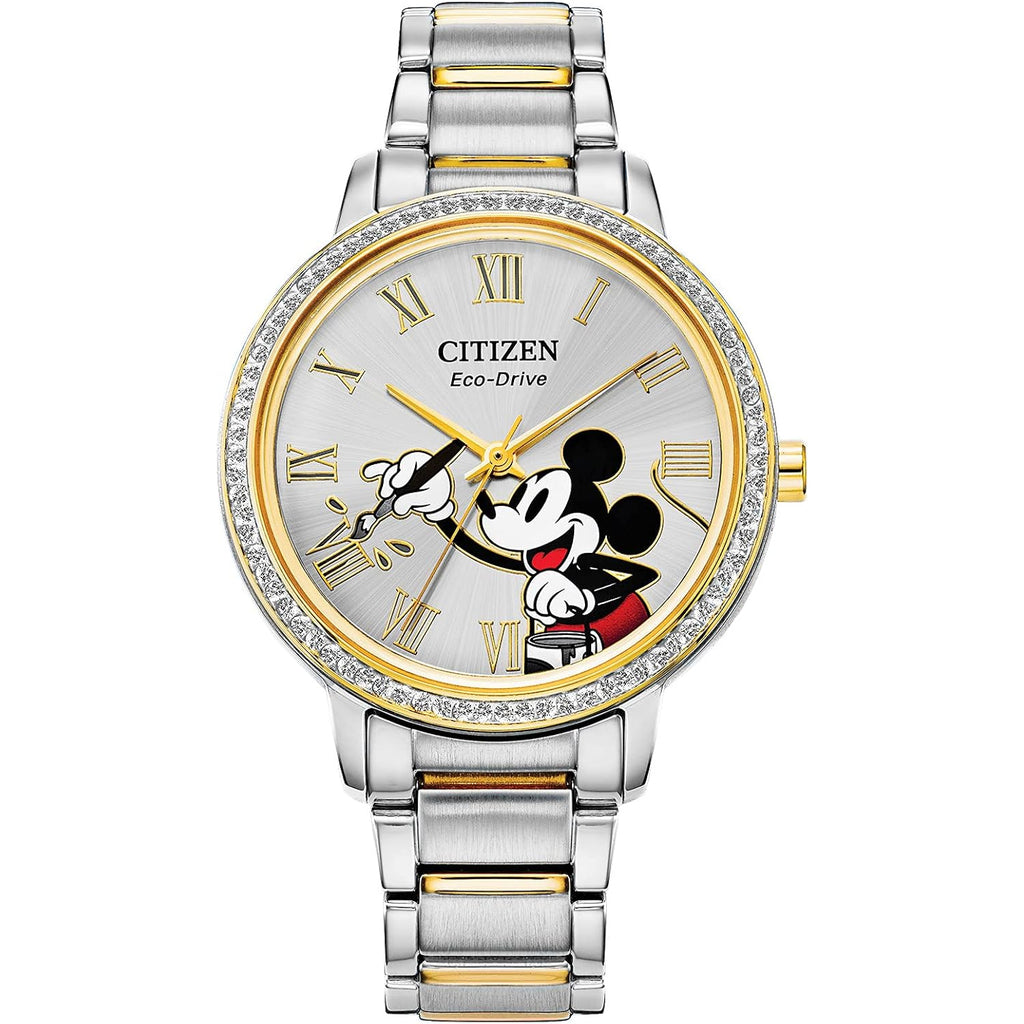 Citizen Eco-Drive Ladies' Mickey Mouse Crystal Watch, Two Tone Gold Stainless Steel, 3-Hand, 36Mm (Model: Fe7044-52W)