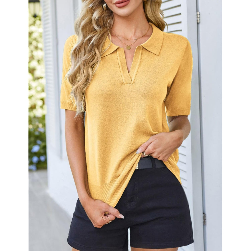 Women Short Sleeve Polo Sweater V Neck Knitted Tops Casual Ribbed Shirt Loose Pullover Sweater