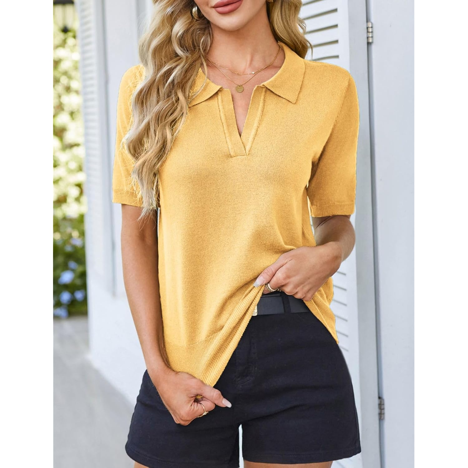 Women Short Sleeve Polo Sweater V Neck Knitted Tops Casual Ribbed Shirt Loose Pullover Sweater