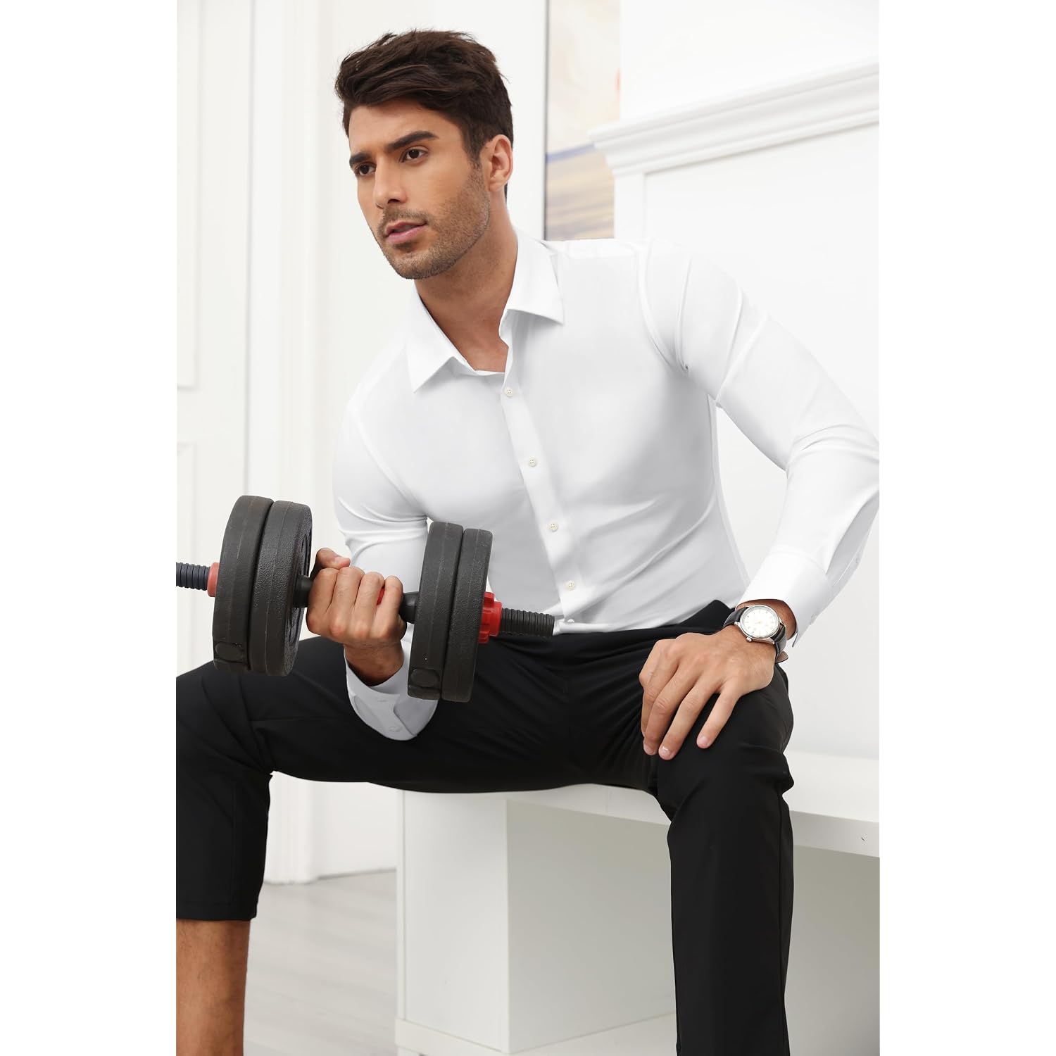 Stretch Mens Dress Shirts Long Sleeve Slim Fit Dress Shirts For Men Muscle Fit Wrinkle Free Button Down Shirt