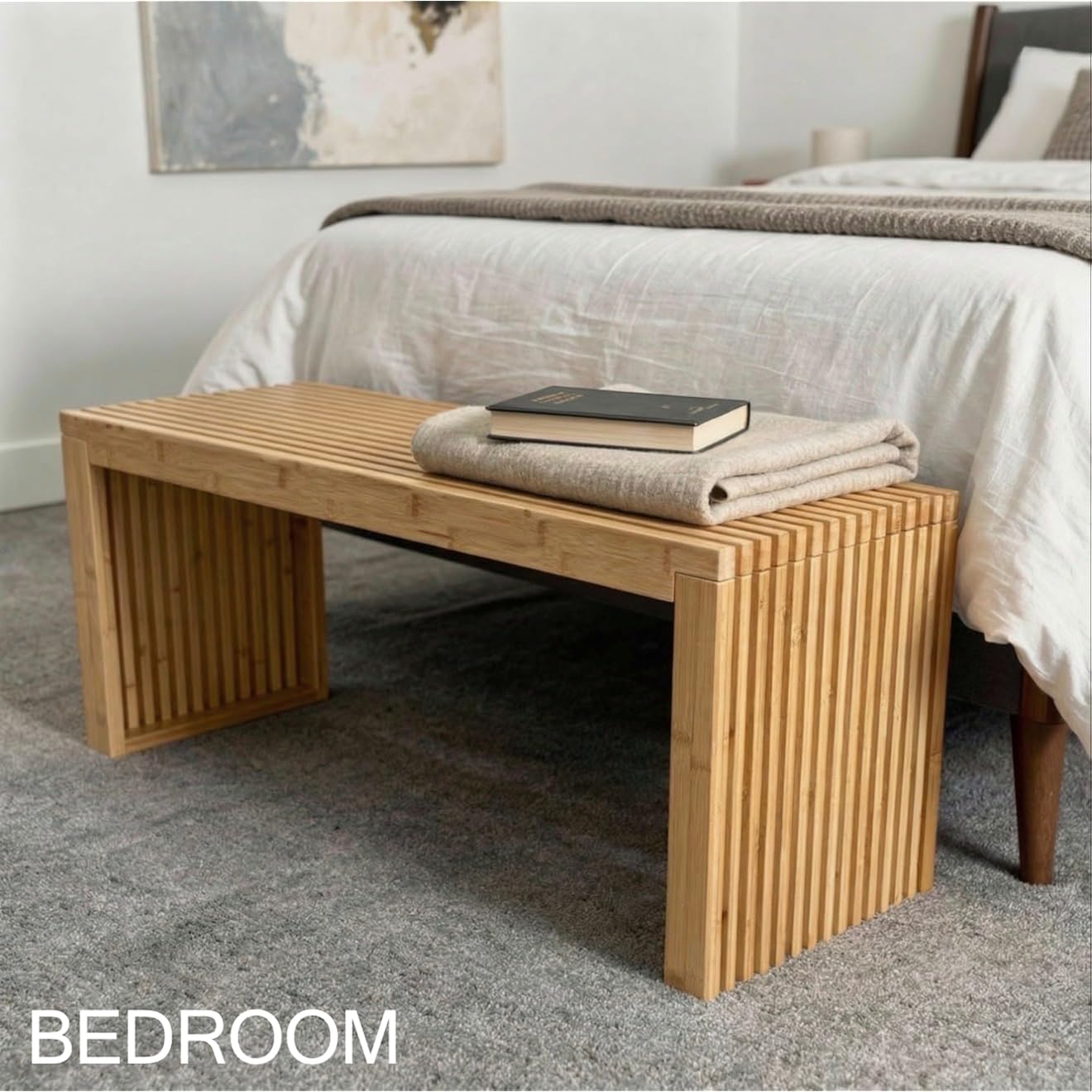 Bamboo Natural 36 Inch Wooden Bench, Small Wood Benches For Entryway, Living & Dining Room, Kitchen, Bedroom, Bathroom, Hallway, Front Door, For Indoor & Outdoor Patio Use, Mid Century Modern Decor