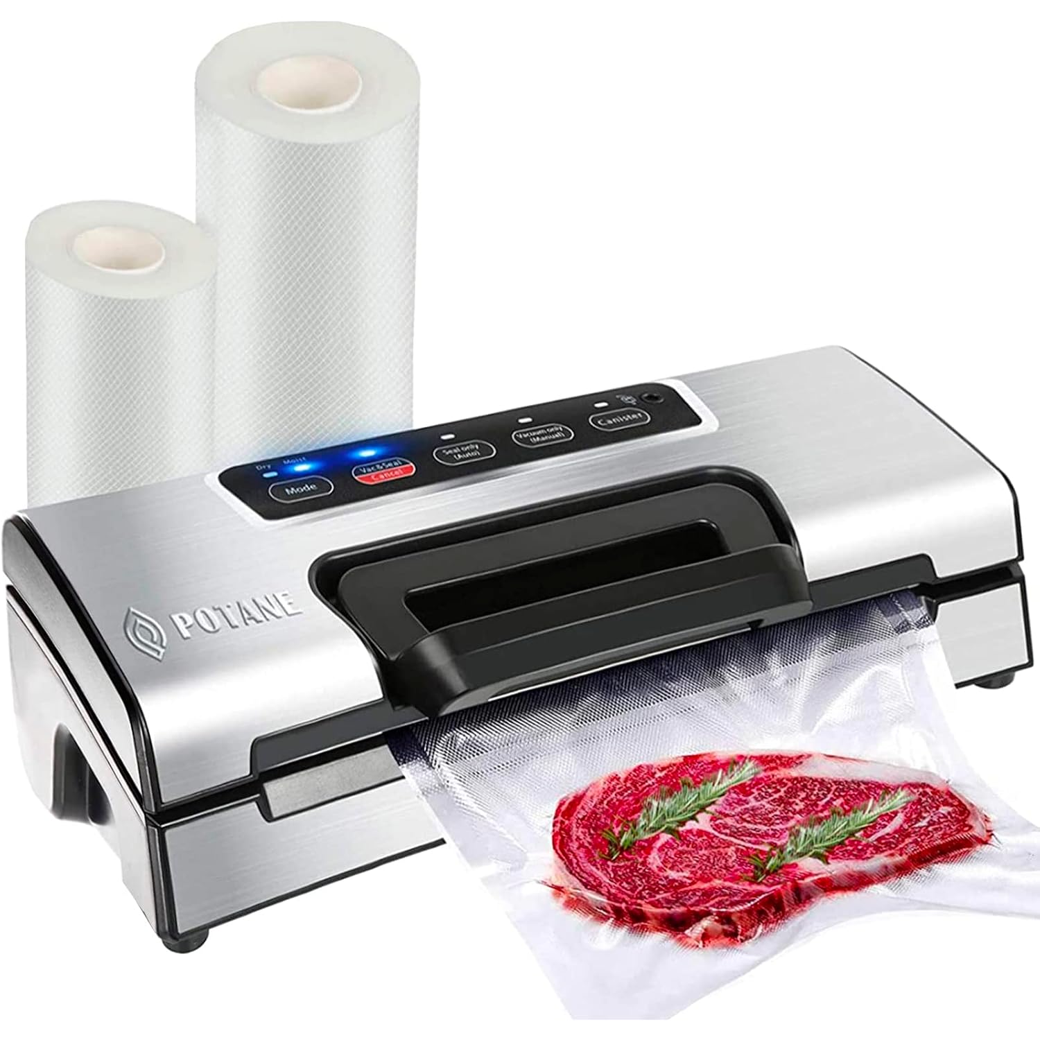 Potane Precision Vacuum Machine,Pro Food Sealer With Built-In Cutter And Bag Storage(Up To 20 Feet Length), Both Auto Manual Options,2 Modes,Includes 2 Bag Rolls 11”X16’ And 8”X16’,Compact Design