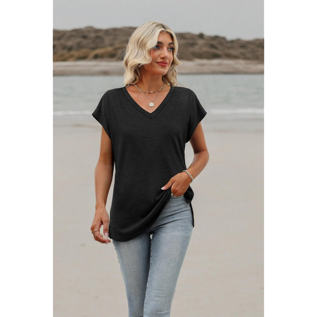 Womens Summer Tops 2026 Cap Sleeve Trendy V Neck Loose Fit T Shirts