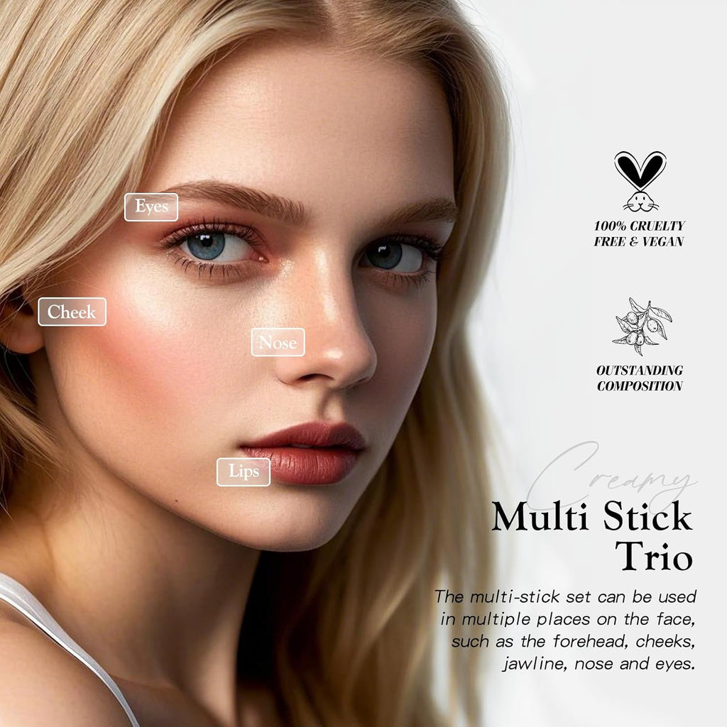 Bayfree 3 Pcs Makeup Cream Contour Stick Set, Highlighter Stick & Bronzer Stick & Blush Stick, Long Lasting, Natural Face Contour, Dewy & Matte Finish, Multi Stick Trio For All Skin