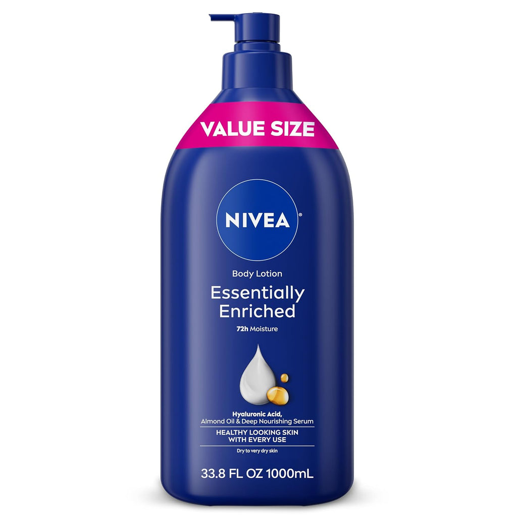 Nivea Essentially Enriched Body Lotion For Very Dry Skin With Hyaluronic Acid, Almond Oil And Deep Nourishing Serum, 72-Hour Body Moisturizer, 33.8 Fl Oz Value Size Pump Bottle