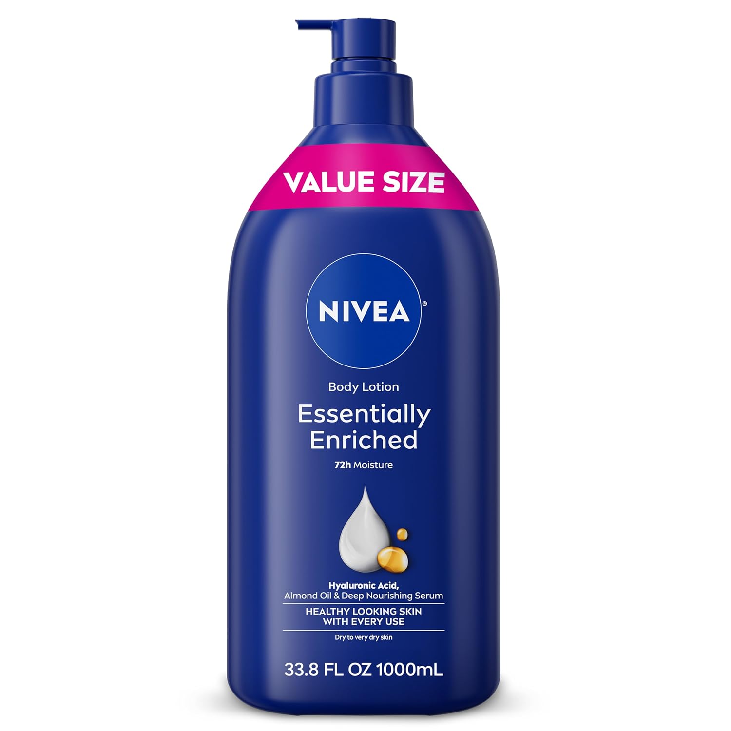 Nivea Essentially Enriched Body Lotion For Very Dry Skin With Hyaluronic Acid, Almond Oil And Deep Nourishing Serum, 72-Hour Body Moisturizer, 33.8 Fl Oz Value Size Pump Bottle