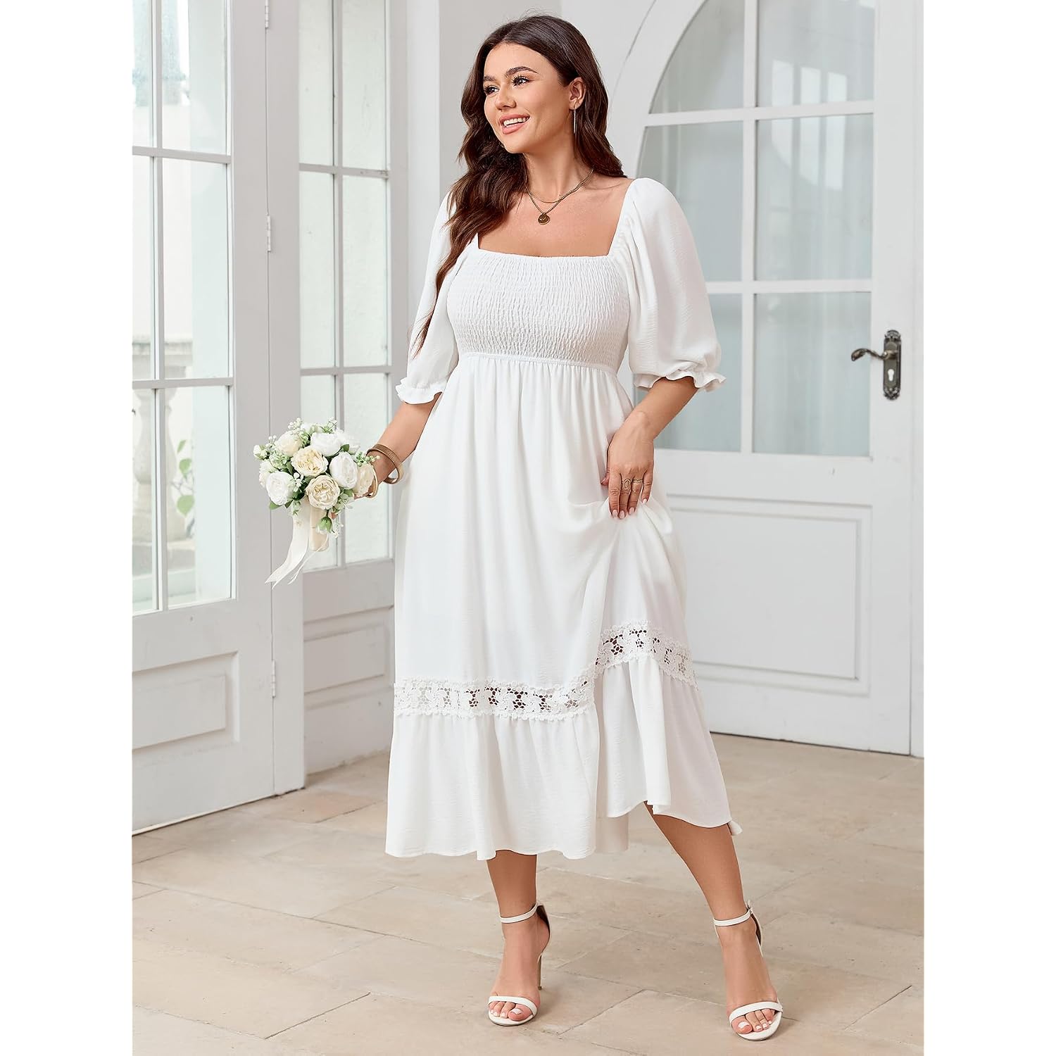 Scomchic Women'S Plus Size Boho Maxi Dress Short Sleeve Square Neck Smocked Flowy A-Line Lace Trim Wedding Guest Dresses