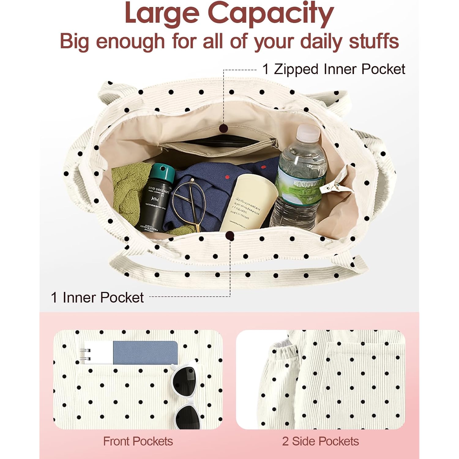 Cute Corduroy Tote Bag For Women - Large Capacity Multi-Pocket Shoulder Bag With Zipper