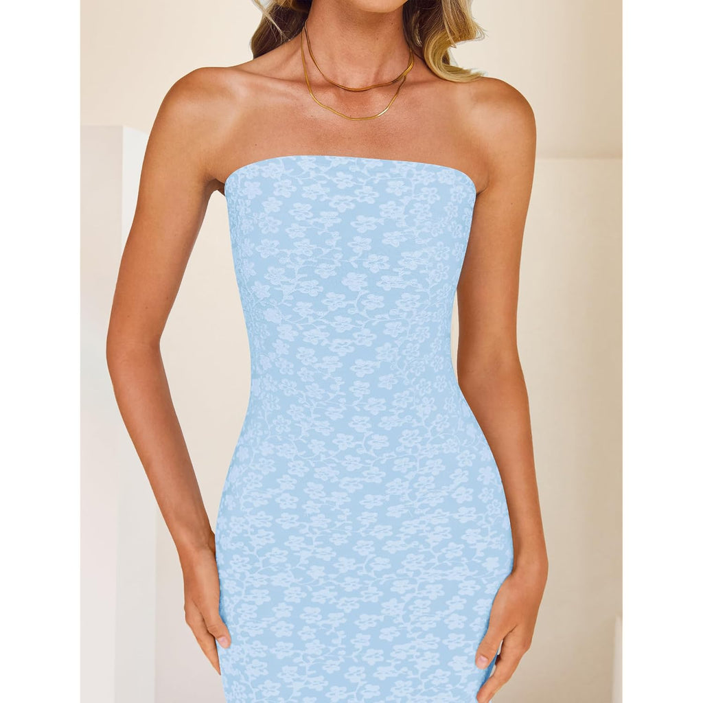 Zesica Women'S 2026 Summer Floral Strapless Bodycon Midi Dress Off Shoulder Beach Formal Cocktail Wedding Guest Long Dresses