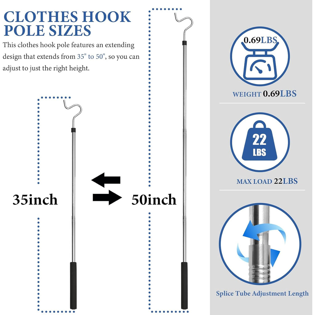 Clothes Hook Pole, Clothes Hanger Reaching Hook For Hanging Clothes Light And Plants Extendable From 35" To 50" Made Of Stainless Steel Tube With Sponge Handle (50Inch)