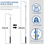 Clothes Hook Pole, Clothes Hanger Reaching Hook For Hanging Clothes Light And Plants Extendable From 35" To 50" Made Of Stainless Steel Tube With Sponge Handle (50Inch)
