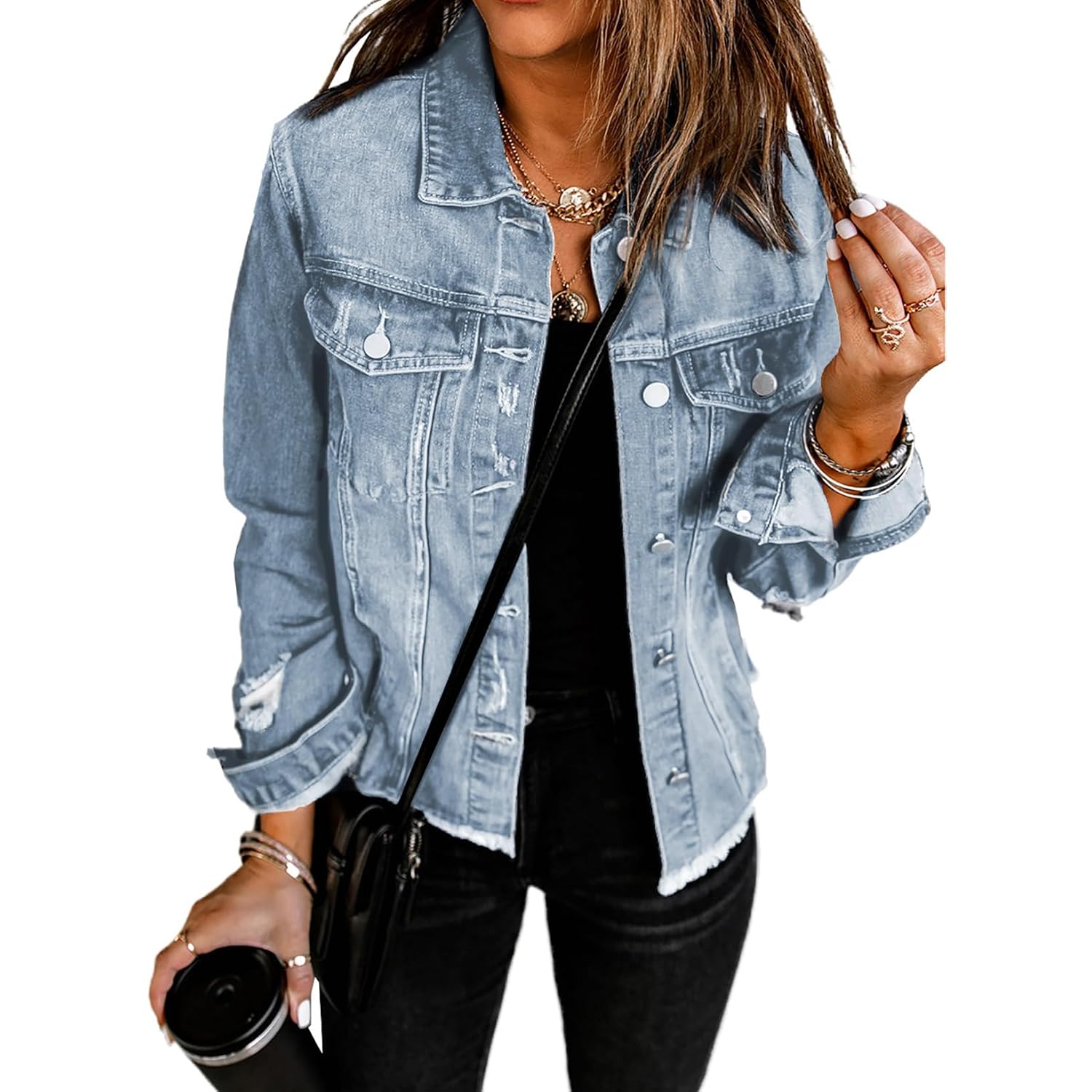 Evaless Womens Boyfriend Washed Crop Denim Jean Jacket Coat
