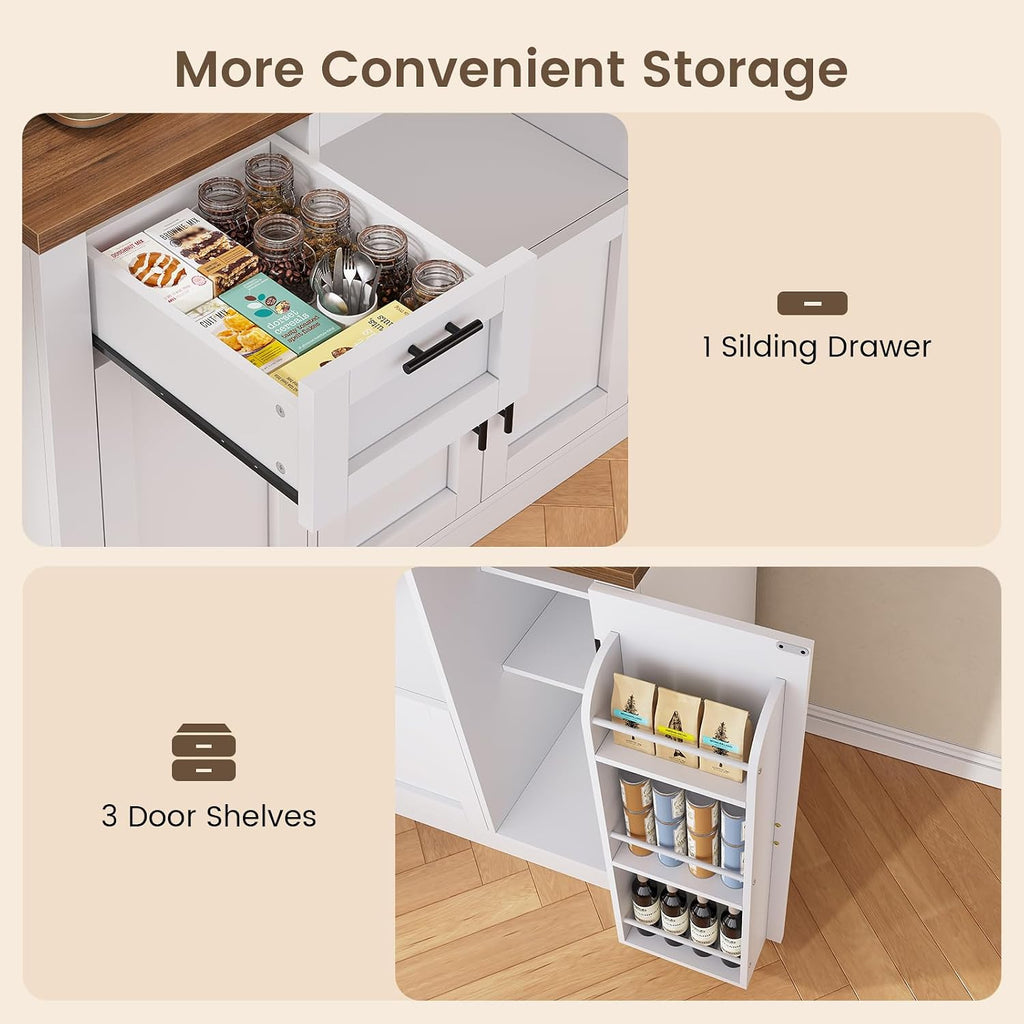 Itaar 71" Pantry Cabinet With Charging Station And Led Light, Kitchen Pantry Cabinet With Microwave Stand, 47.2" Wide Kitchen Storage Cabinets With Storage Cart 3 Tier For Dining Room, White