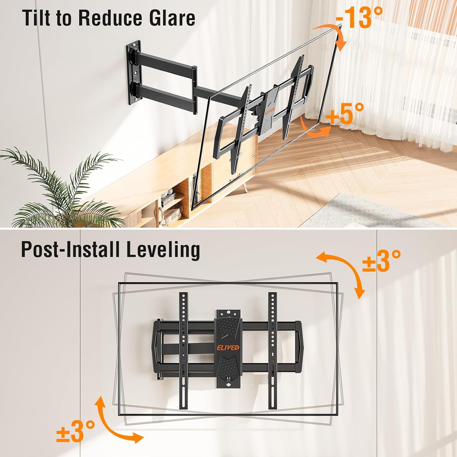 Elived Long Arm Tv Mount For Most 42-75 Inch Tvs, 32" Long Extension Arm Corner Tv Wall Mount, Articulating Wall Mount Tv Bracket Swivel And Tilt, Holds Up To 99 Lbs. Max Vesa 600X400Mm