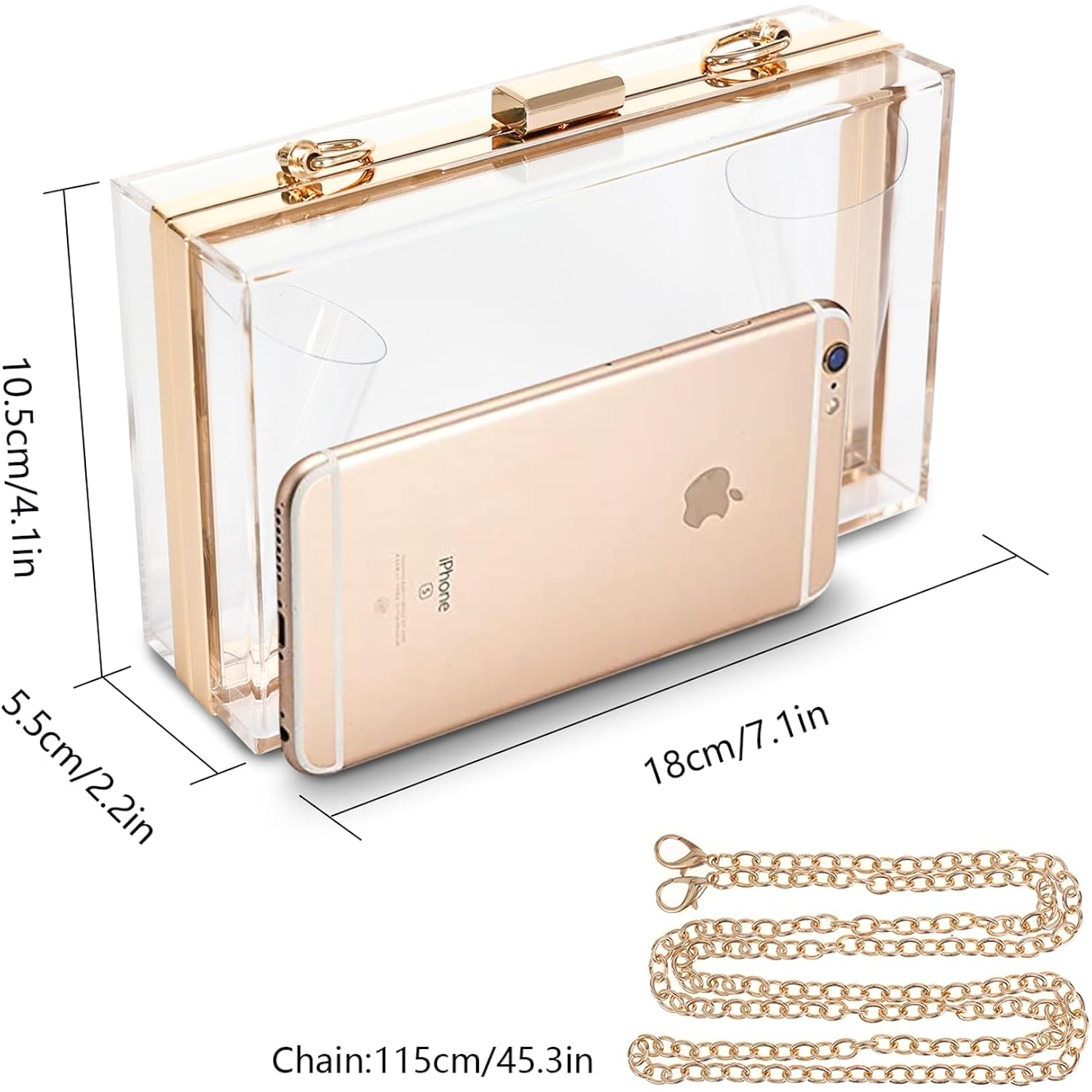 WJCD Clear Acrylic Crossbody Purse - Stadium Approved Box Clutch with Gold Chain, Small Transparent Evening Bag for Women | Premium Acrylic, Stadium Approved, Gold Chain Strap, Easy to Clean