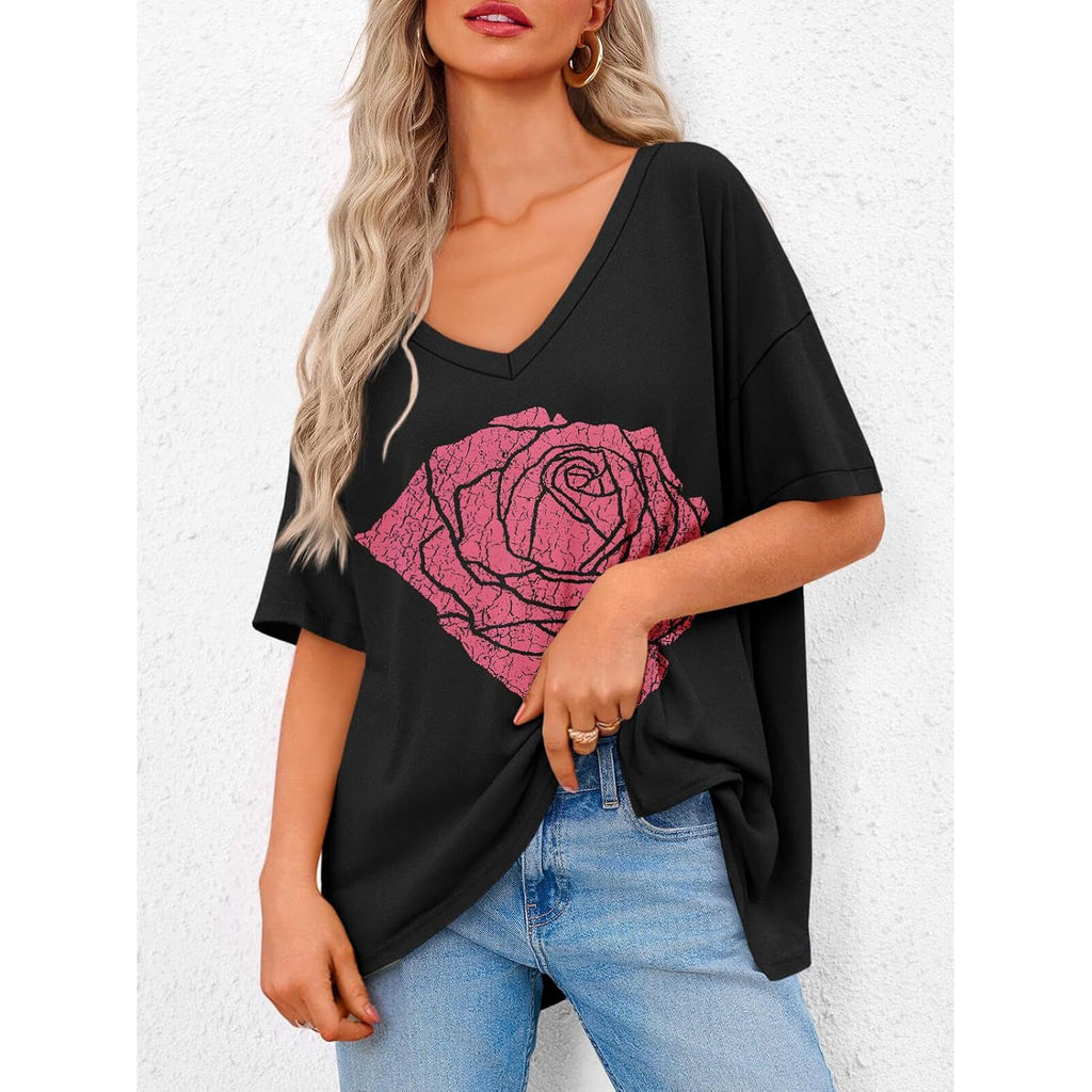 Tankaneo Womens Oversized Tshirts V Neck Short Sleeve Tops Summer Casual Loose Fit Tunic Tee Shirts Rose Black