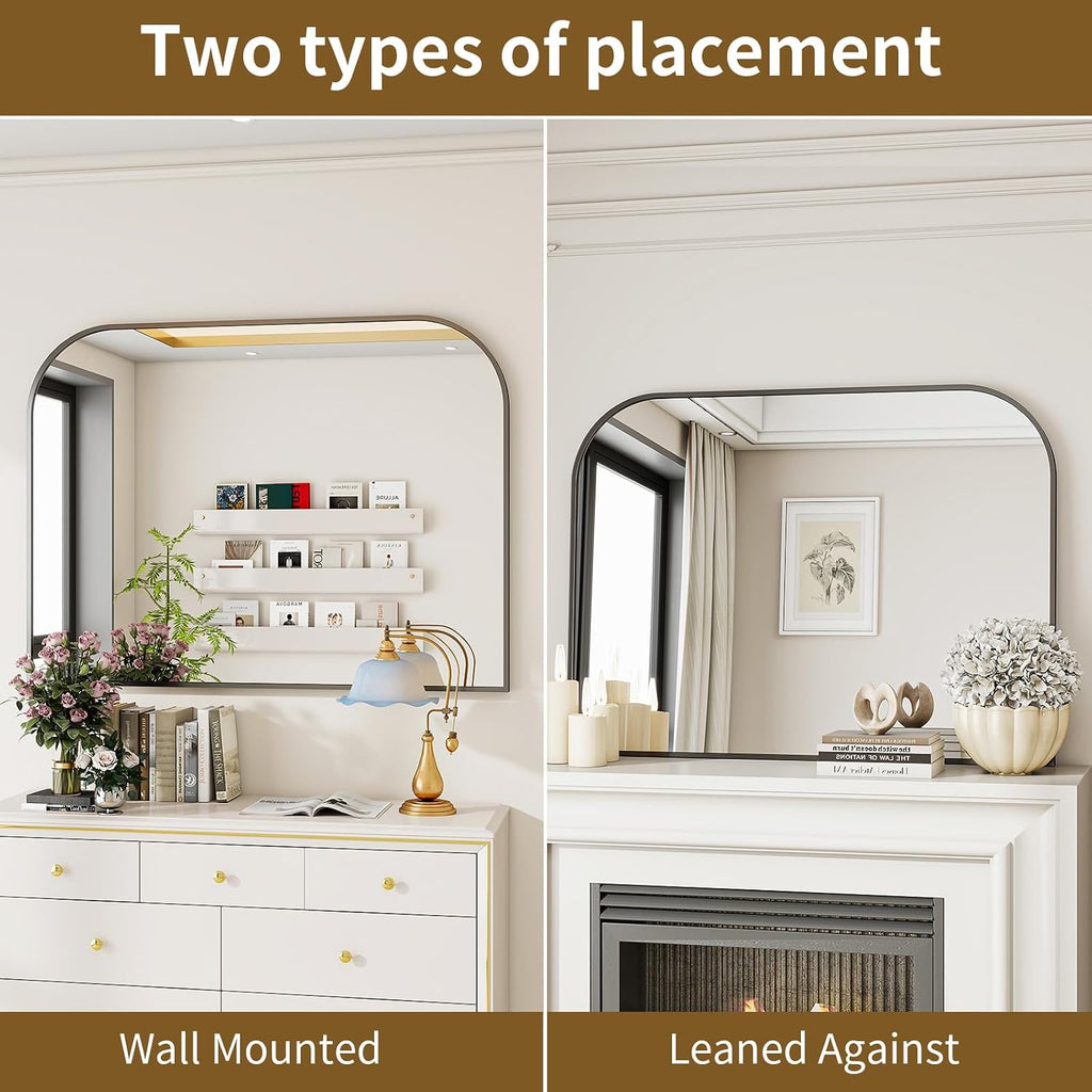 Black Arched Top Wall Mounted Mirror - 38 X 30 Inch Round Cruved Top Bathroom Vanity Mirror, Aluminum Metal Framed, Home Decor For Living Room, Bedroom, Fireplace, Mantle, Entryway