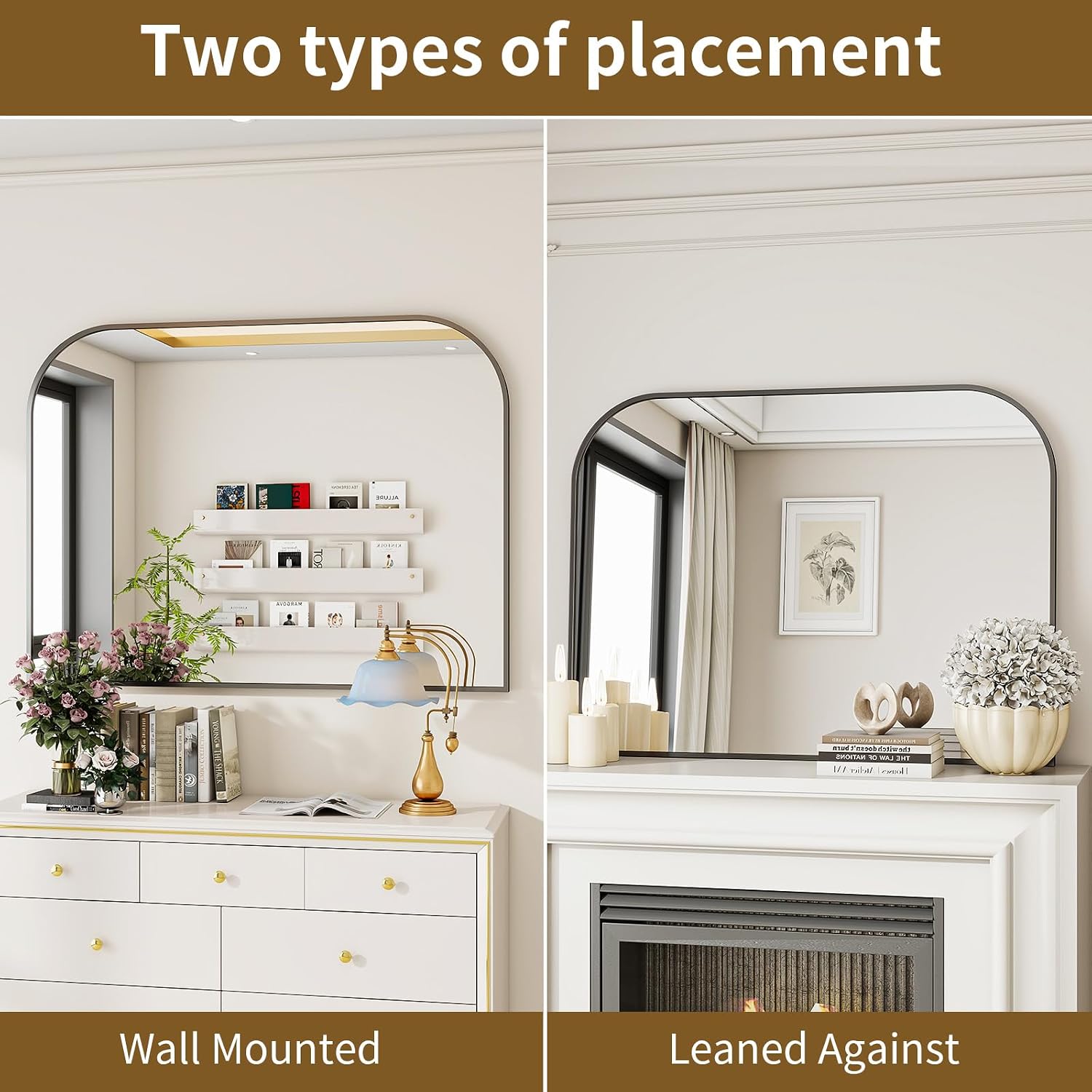 Black Arched Top Wall Mounted Mirror - 38 X 30 Inch Round Cruved Top Bathroom Vanity Mirror, Aluminum Metal Framed, Home Decor For Living Room, Bedroom, Fireplace, Mantle, Entryway