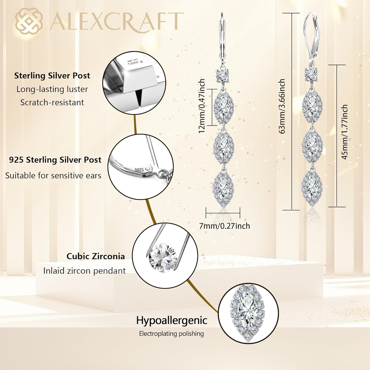 ALEXCRAFT 925 Sterling Silver Dangle Leverback Earrings for Women Trendy 14K Goldplated Hypoallergenic Lightweight Statement Long Cubic Zirconia Teardrop Dangling Earrings Brides Engagement Wedding