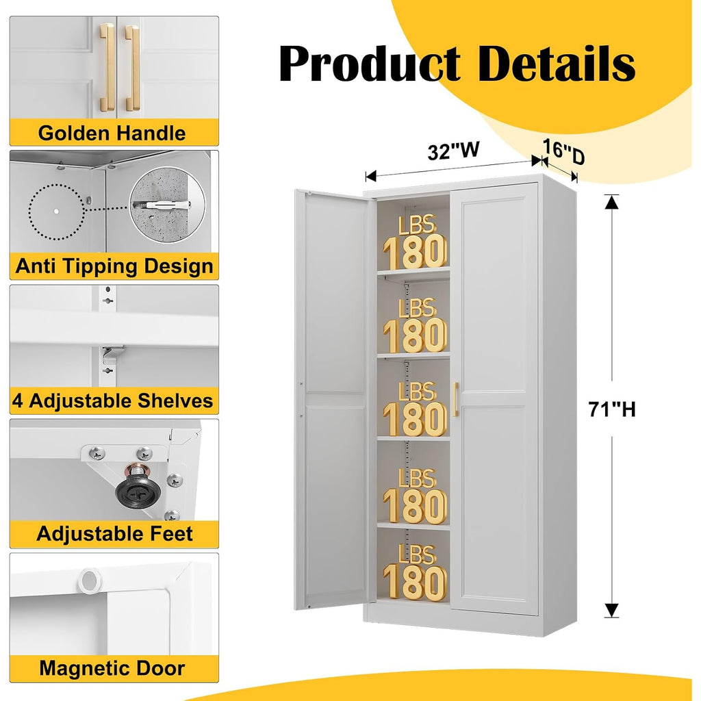 Kitchen Pantry Cabinet,71”White Metal Pantry Storage Cabinet With Doors And 4 Adjustable Shelves,Kitchen Cabinet With 2 Gold Handles,Tall Cabinet For Livingroom,Pantry, Bathroom,Kitchen