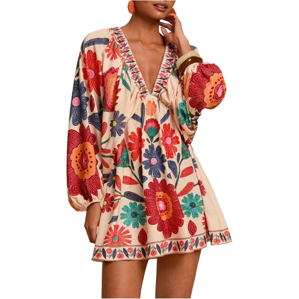 Roseseek Women'S Boho Floral V Neck Mini Dresses Bishop Sleeve Tie Open Back Tropical Dress