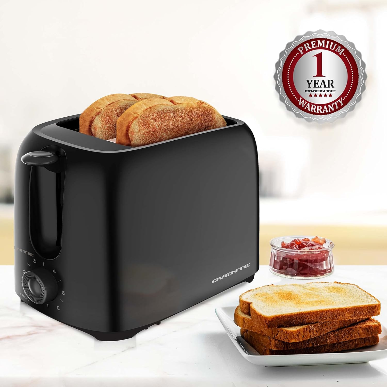 OVENTE Electric 2 Slice Toaster Machine with 6-Shade Browning Selector Setting, Compact Design and Removable Crumb Tray, 700W Power Perfect for Toasting Bread, Thin Bagels and Waffles, Black TP2210B