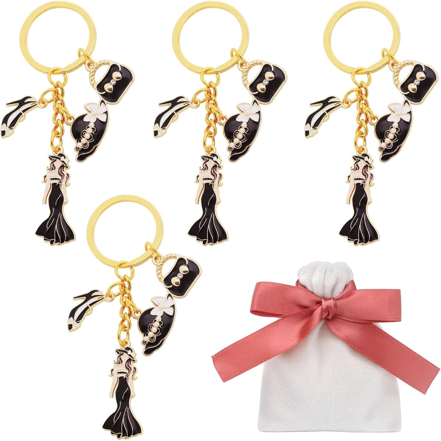 4Pcs Women Dress Up Keychain Alloy Enamel High Heel Lady Hat and Handbag Charm Keyrings for Fashion Decoration Accessories