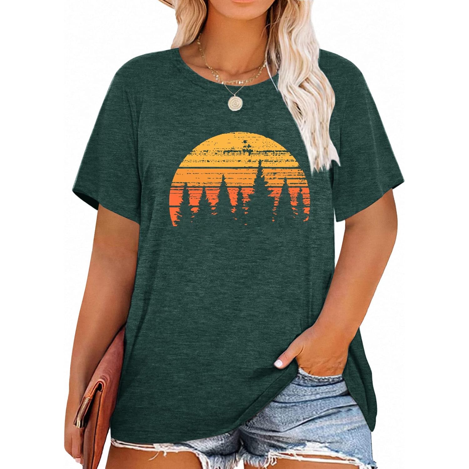 Plus Size Tops for Women Cute Vintage Graphic Tee Sunrise Camping Funny Print Casual Nature Travel Shirt Green4