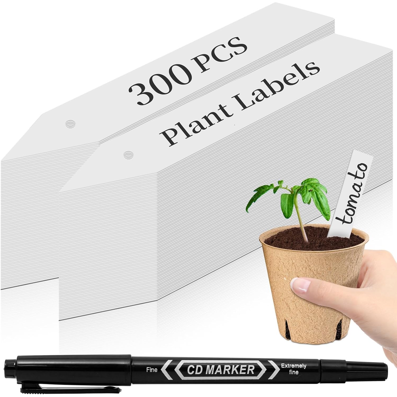 Dalzom® 300Pcs 4" Plant Labels With Marker Pen, Waterproof Plastic Plant Tags For Outdoor Seedlings Vegetable Garden Signs Markers Label Stakes (White)