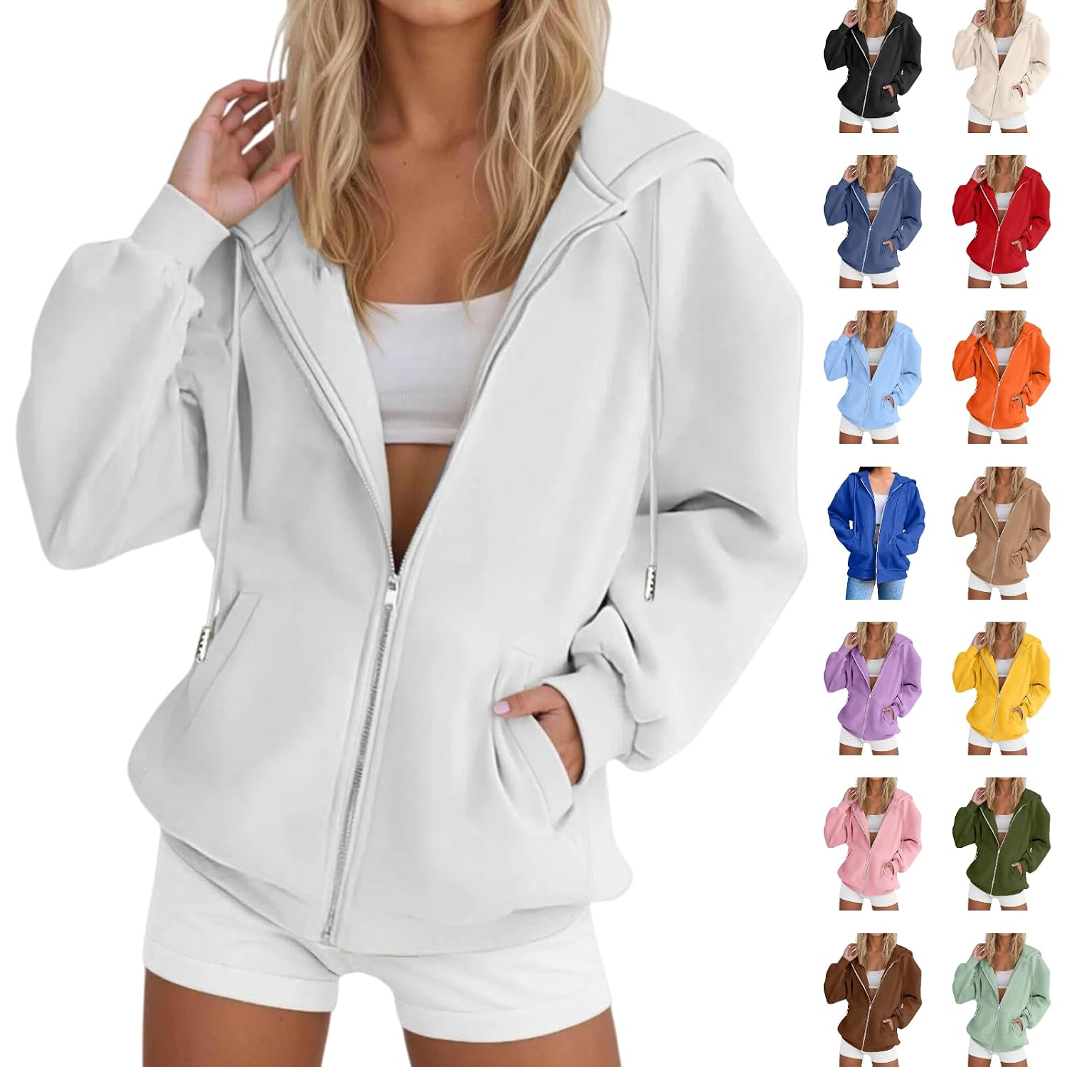 Zip Up Hoodie Women Long Sleeve Fall Winter Plus Size Plain Hooded Sweatshirts Trendy Casual Fashion Jacket With Pockets