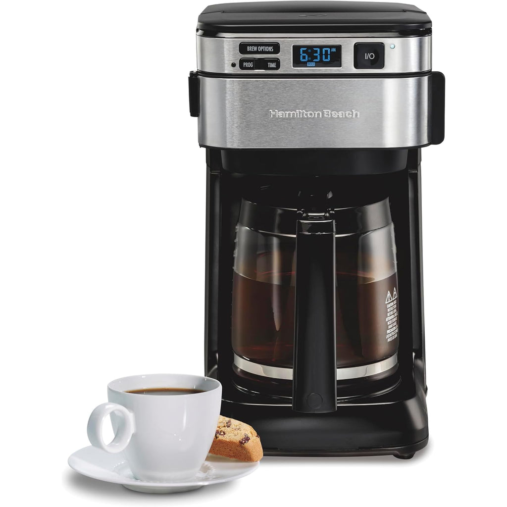 Hamilton Beach Frontfill 12 Cup Programmable Drip Coffee Maker | Regular & Bold Brew Options | Auto Pause And Pour | Glass Carafe | Black With Stainless Accents | 46310