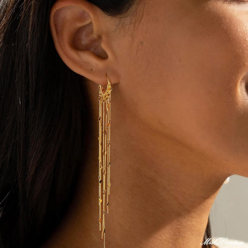 Robaice Gold Long Prom Earrings for Women, 14K Gold Plated Pearl Dangle Drop and Chain Tassel Threader Earrings Dangling，Rhinestone Zirconia Hypoallergenic Bride Party Prom Gold jewelry，Women Gifts
