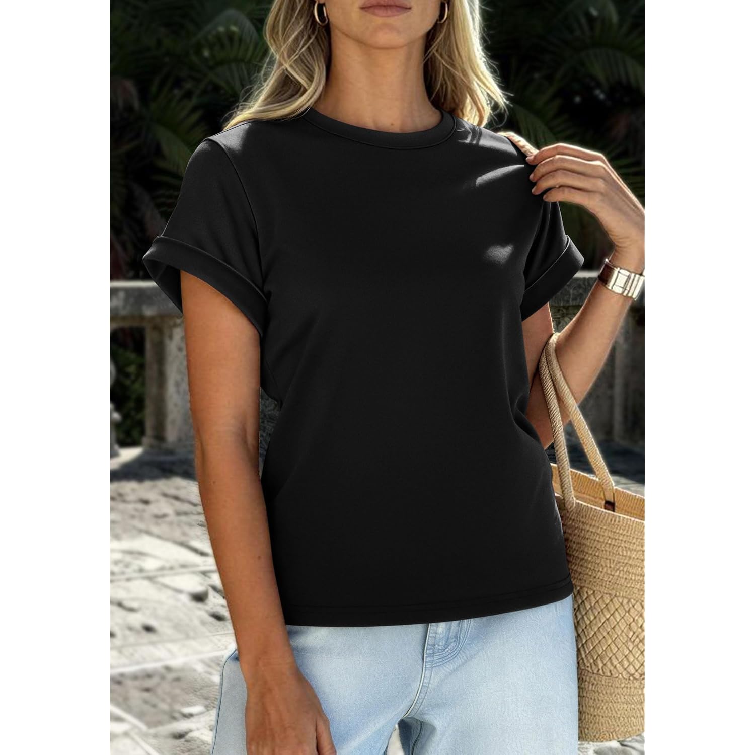 Prettygarden Womens Summer Tops 2026 Spring Casual Rolled Short Sleeve Basic Tees Crew Neck Work Shirts Fashion Clothing