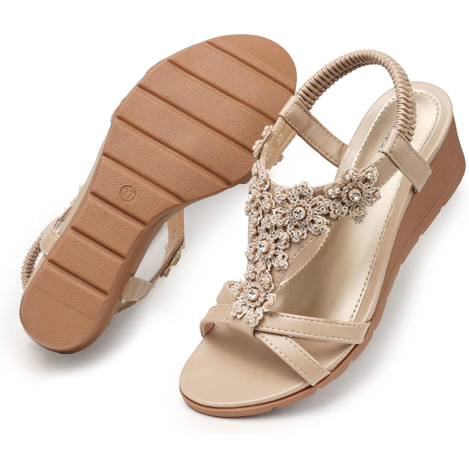 Temofon Women'S Low Wedge Heels Summer Dressy Platform Sandals Elastic Ankle Strap Open Toe Flower Shoes