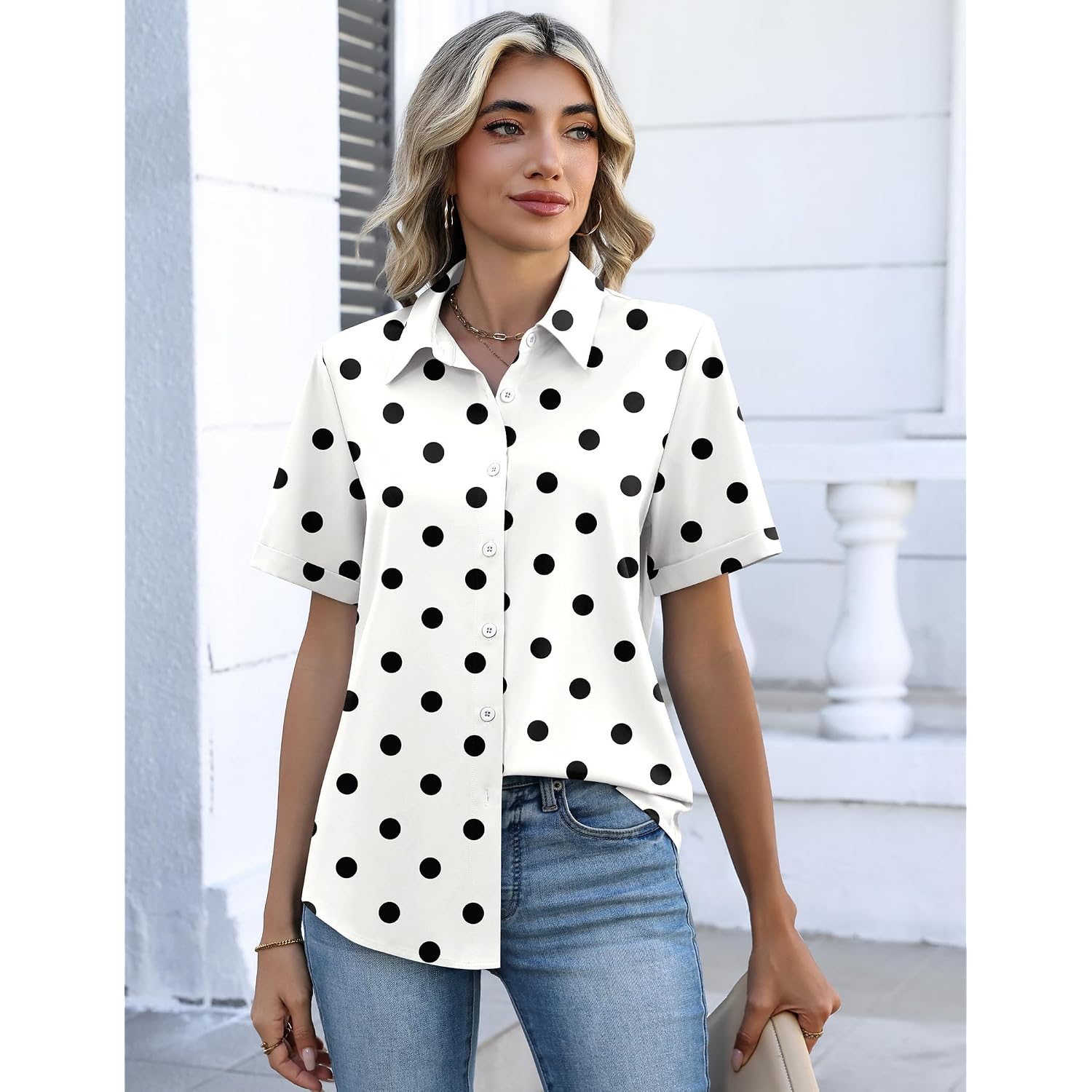 Zeagoo Button Down Shirts For Women Short Sleeve Collared Tops Dressy Casual V Neck Blouses