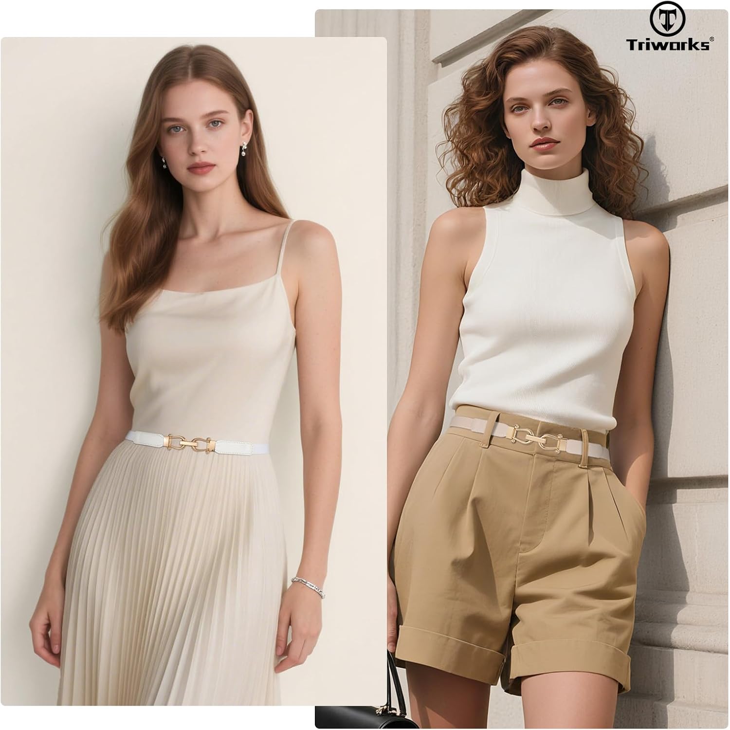 TRIWORKS 4 Pack Women Skinny Elastic Belts Gold Buckle Thin Stretchy Waist Belts for Dresses