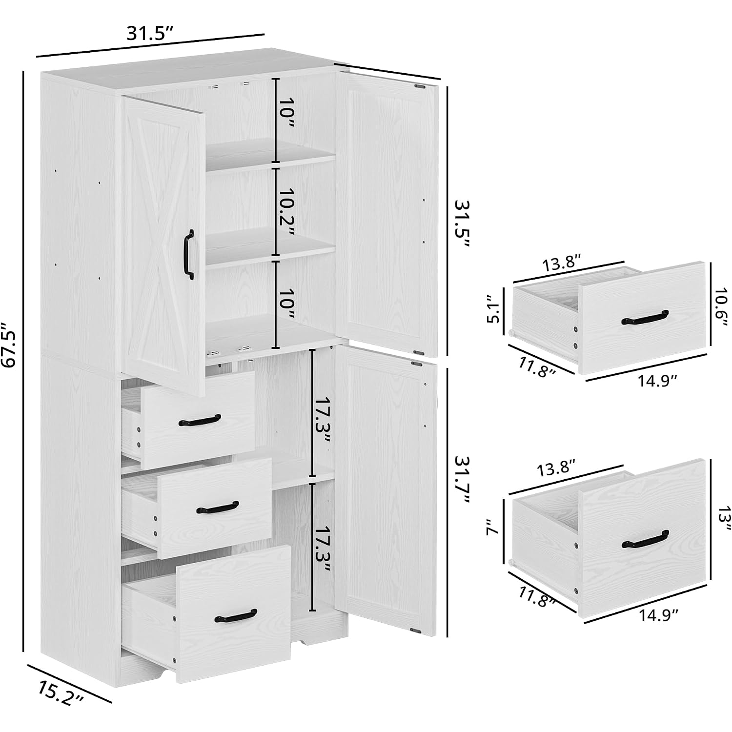 Ironck Pantry Cabinet, 67.5 Inch Tall Storage Cabinet With 3 Doors & Drawers, Farmhouse Kitchen Cabinet With Adjustable Shelves, 5 Tier Freestanding Cupboard For Kitchen, White