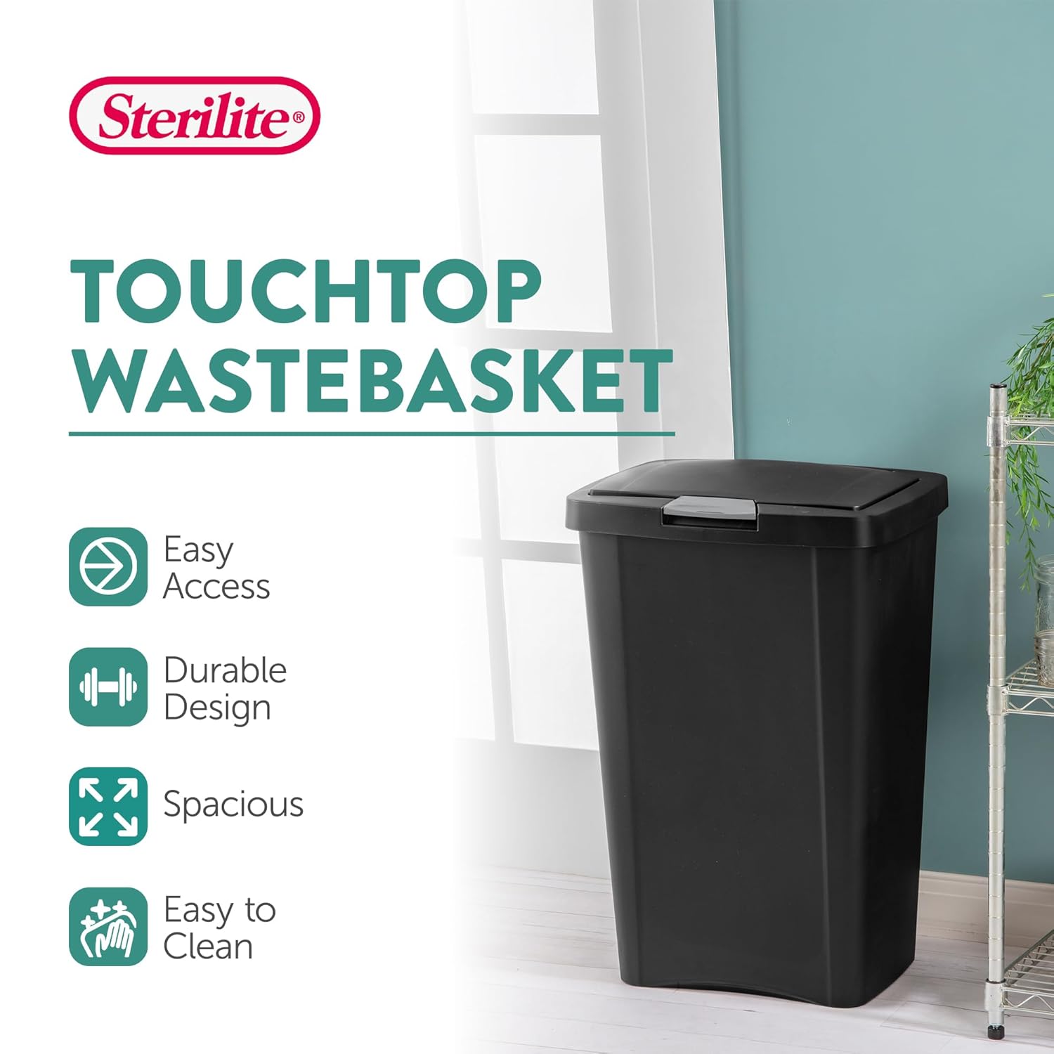 Sterilite 4 Pack Kitchen Trash Can - 13 Gallon Touchtop Wastebasket With Titanium Latch, Black