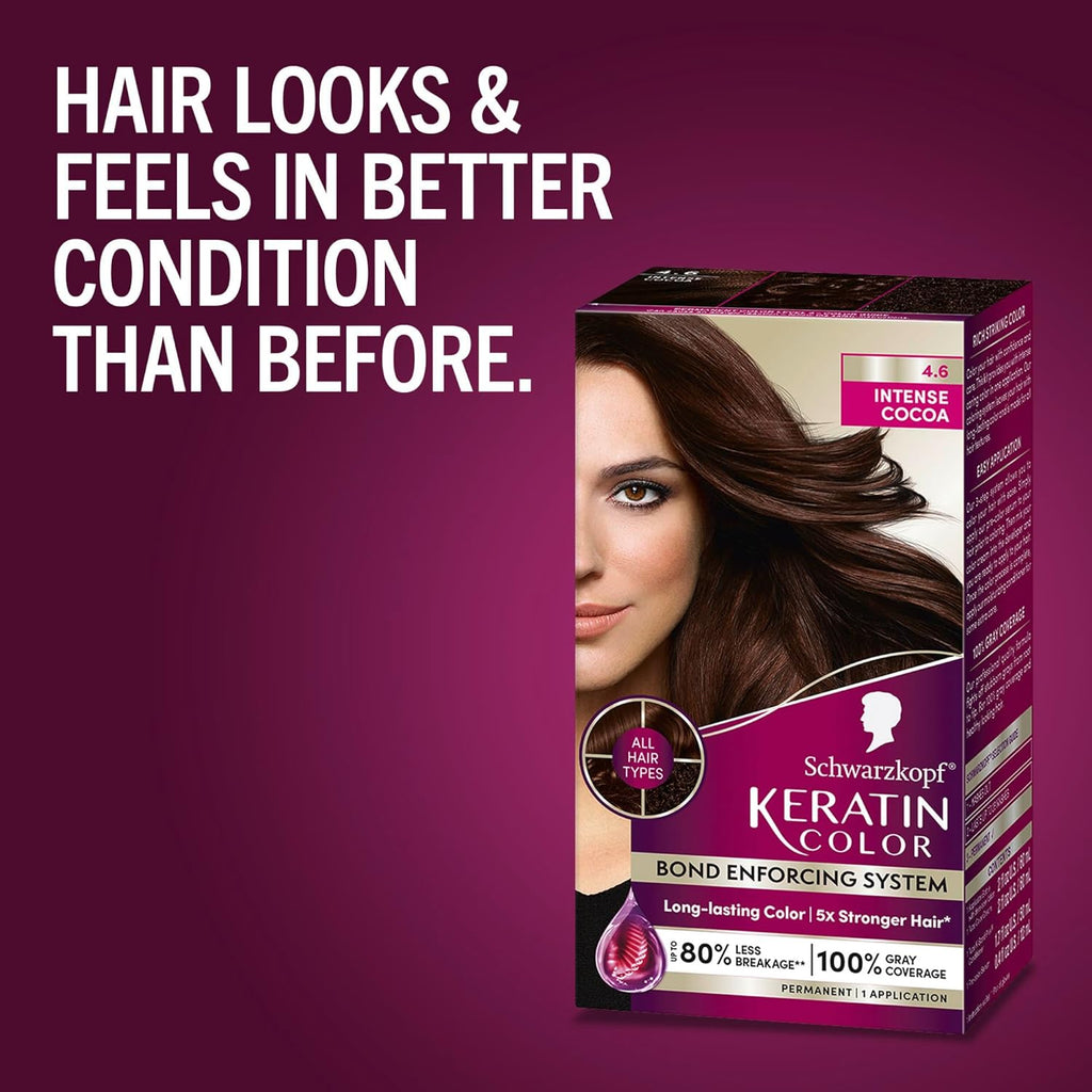 Schwarzkopf Keratin Permanent Hair Dye Cream, 4.6 Intense Cocoa, Professional Quality Color for Up to 100% Gray Coverage, Bond Enforcing System