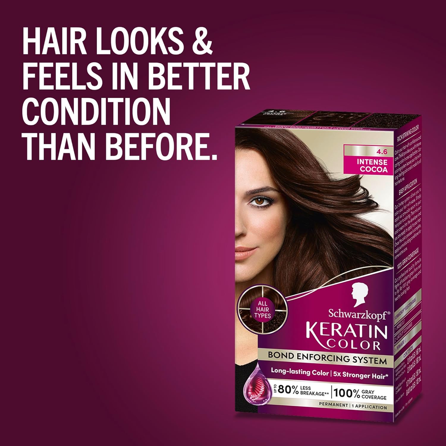 Schwarzkopf Keratin Permanent Hair Dye Cream, 4.6 Intense Cocoa, Professional Quality Color for Up to 100% Gray Coverage, Bond Enforcing System