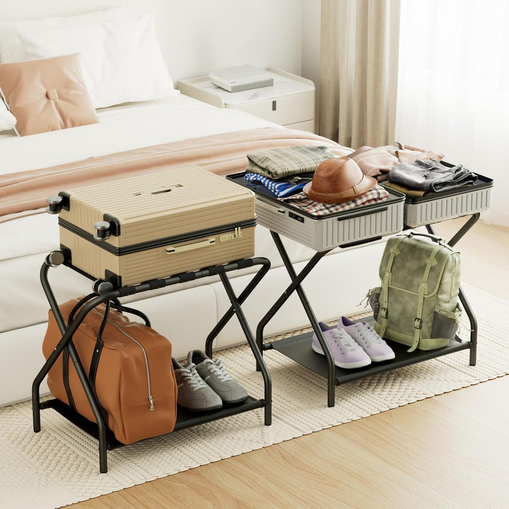 Amhancible Luggage Rack, Set Of 2, Foldable Suitcase Stands For Guest Room, Metal Luggage Holder With Storage Shelf For Bedroom, Hotel, Easy Assemble, Black Hlr02Bk
