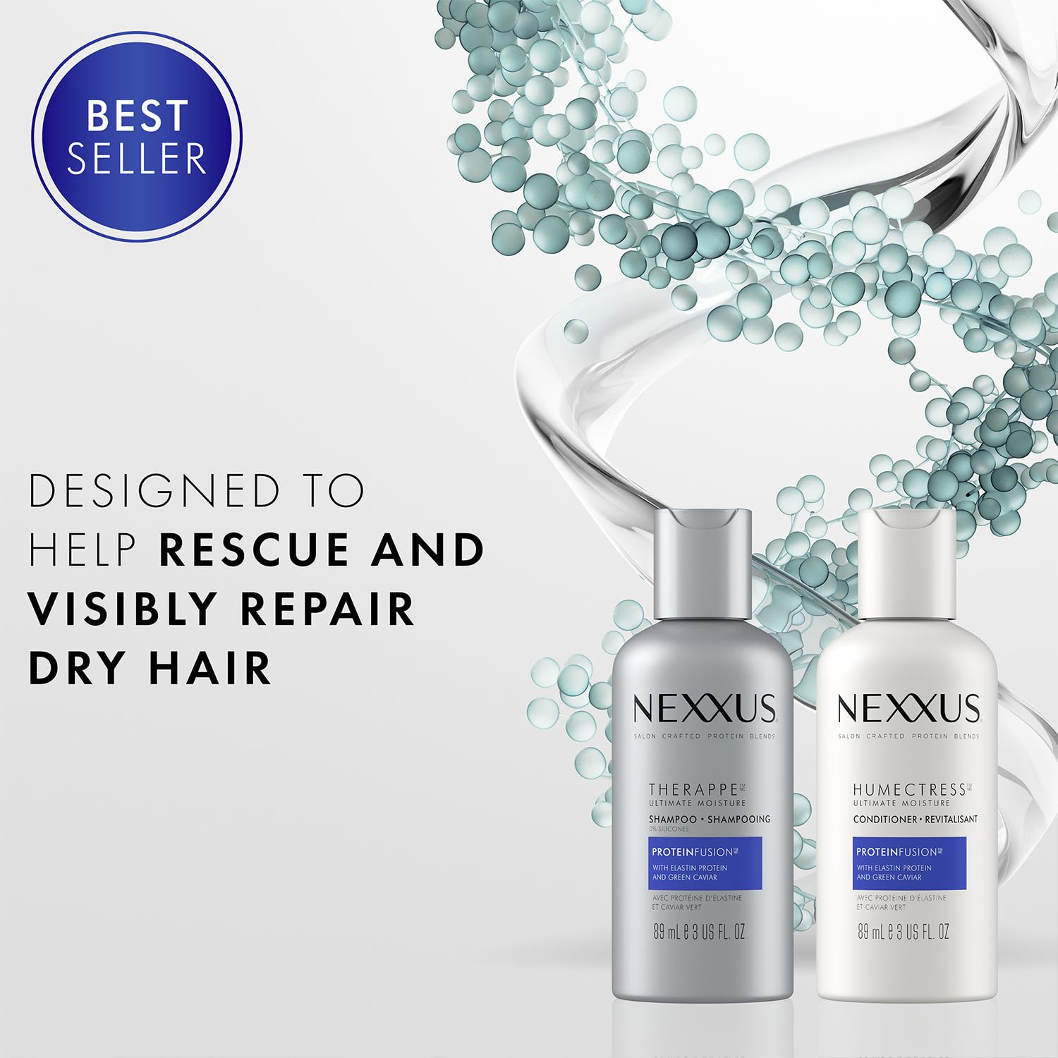 Nexxus Therappe Shampoo and Humectress Conditioner, Travel-Size – Ultimate Moisture for Dry Hair with Elastin Protein and Green Caviar, 3 Oz Ea